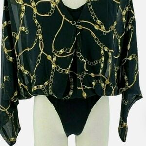 Leyden Womens Large Black Chain Print Long Sleeve Snap Bodysuit